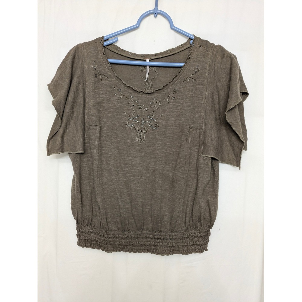 Free People Olive Brown Beaded Embroidered Smocked Waist Flutter Sleeve Top S